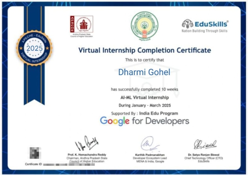 Dharmi Gohel, Virtual Internship at Google – AI/ML